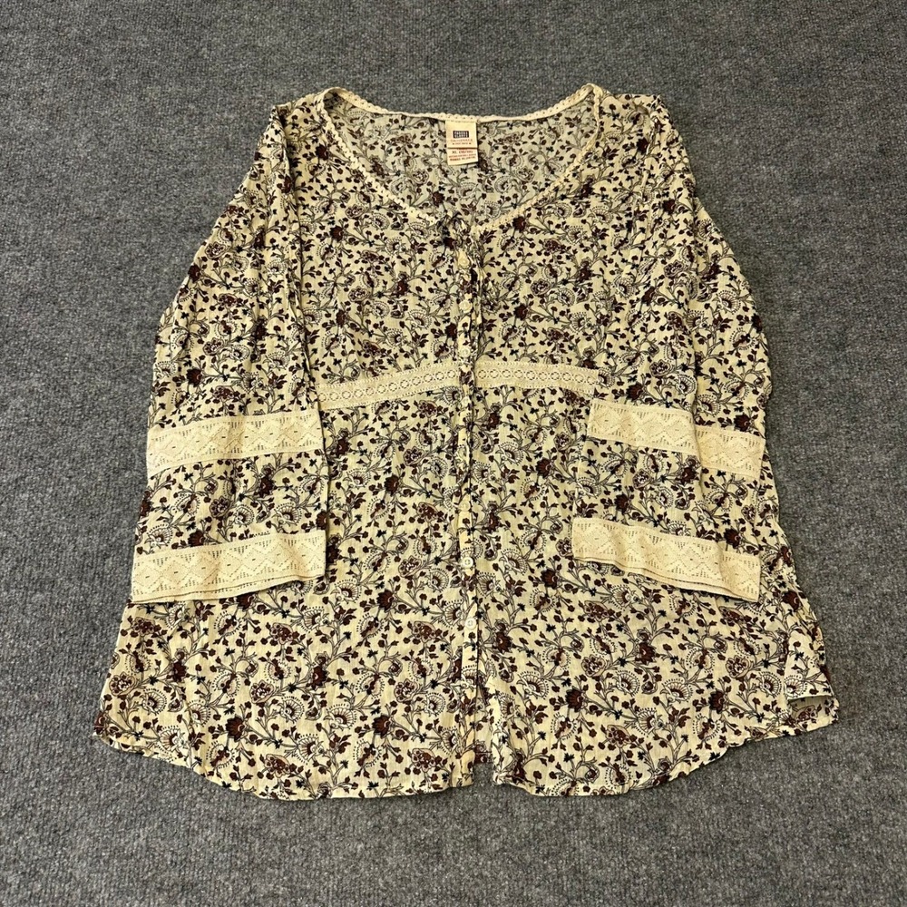 Faded Glory Blouse Womens XL Beige Floral Lace Trim Cotton Boho Button Up Top